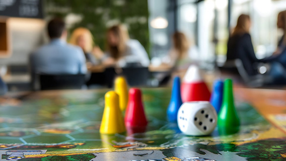 Ett brädspel syns i förgrunden. I bakgrunden ser man, suddigt, sitter människor och umgås med varandra.