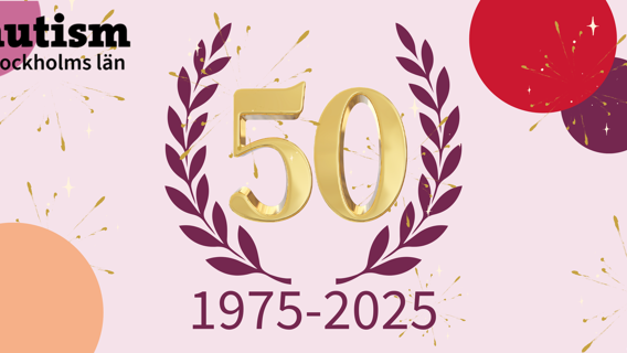 En jubileumslogga, med texten 50 årsjubileum Autism Stockholms län, omringat av en krans