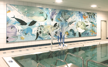 bild av vägg vid bassängen på Bredängsbadet, med bild av olika djur under vattenytan