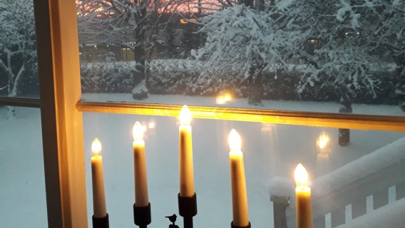 Guldstjärna, ängel, röd kula och glitter bland grangrenar